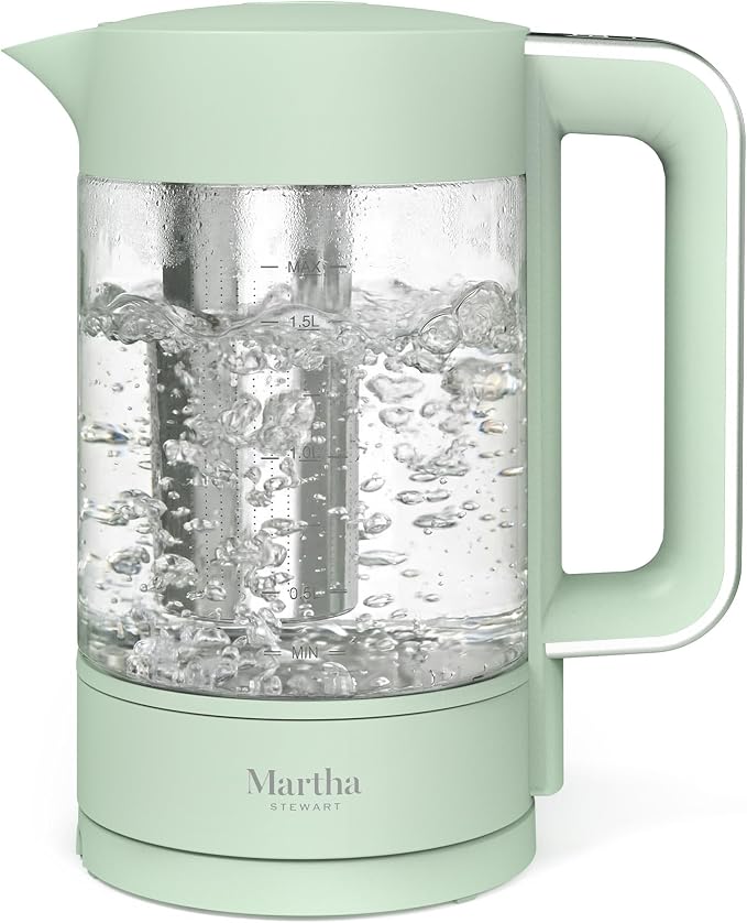 Martha Stewart 1.7L Glass Carafe Electric Kettle with Removable Tea Infuser | 7 Cups, 4 Presets, Rapid Boiling, Stainless Steel Tea Leaf Infuser, Cordless Swivel Base, Keep Warm, Auto Shut-Off, Honeydew
