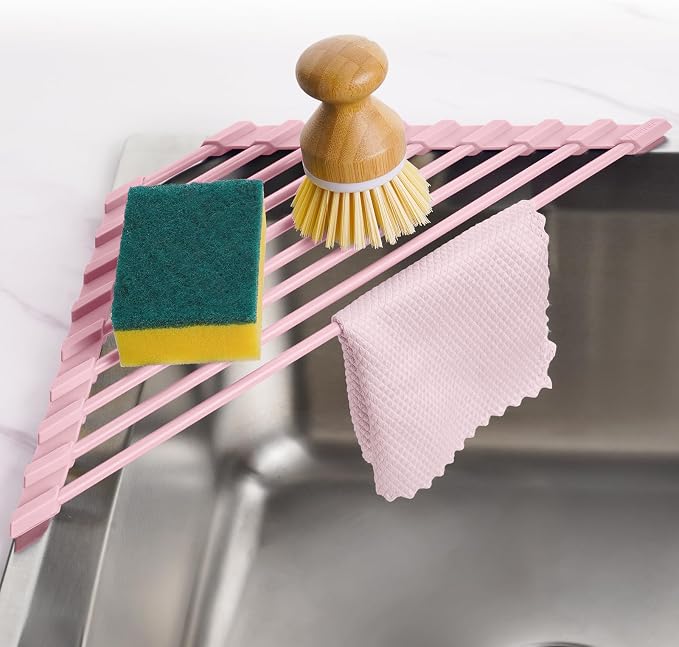 Tomorotec Triangle Roll Up Dish Drying Rack with Silicone Coating, Pink | 304 Stainless Steel with BPA-Free Silicone, Triangle Design Maximizes Sink Corner Space, Fits Compact Kitchens And RVs