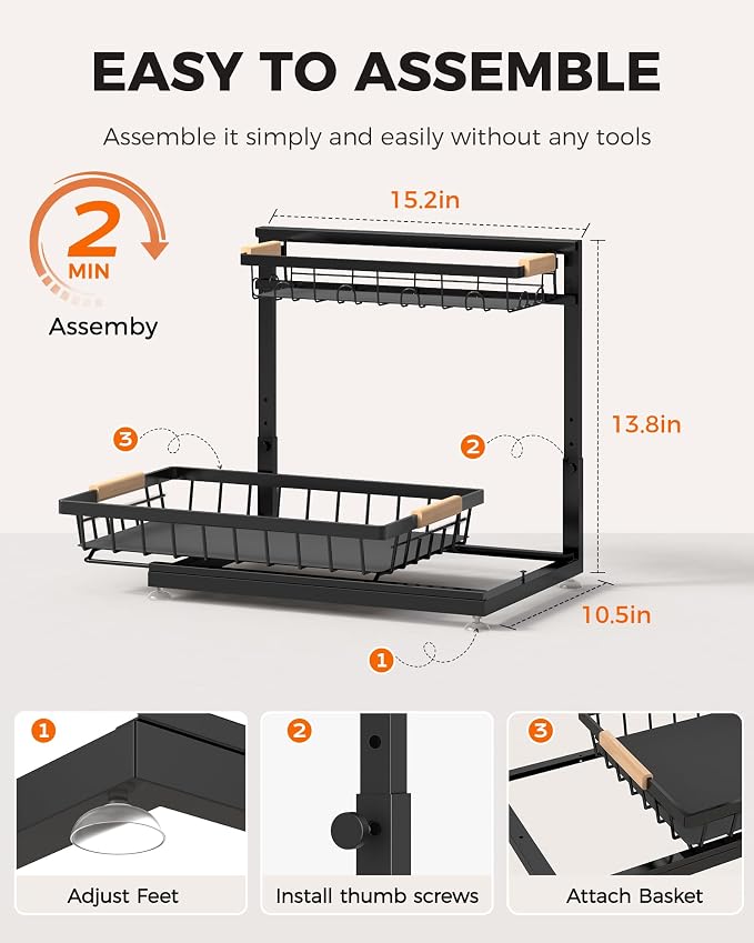 2-Pack 2-Tier Height Adjustable Under Sink Organizer & Storage | Multi-purpose storage for kitchen & bathroom cabinet. Extra Large black shelf, height adjustable design for space-saving.