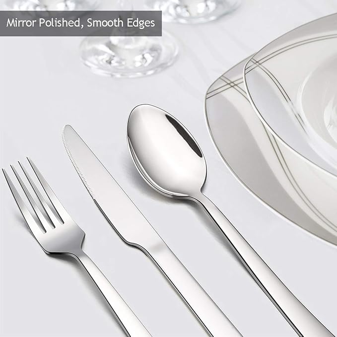E-far 60-Piece Silverware Set, Stainless Steel Flatware Set Service for 12, Tableware Cutlery Set for Home Restaurant Party, Dinner Forks/Spoons/Knives, Square Edge & Mirror Polished, Dishwasher Safe