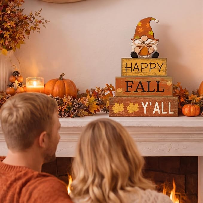 Lineshading 4 Pcs Fall Table Decor Wooden Block Signs with Gnome Set | Farmhouse Home Tiered Tray Pieces, Happy Fall Y'all Sentiment with Pumpkin Gnome, Rustic Thanksgiving Centerpiece
