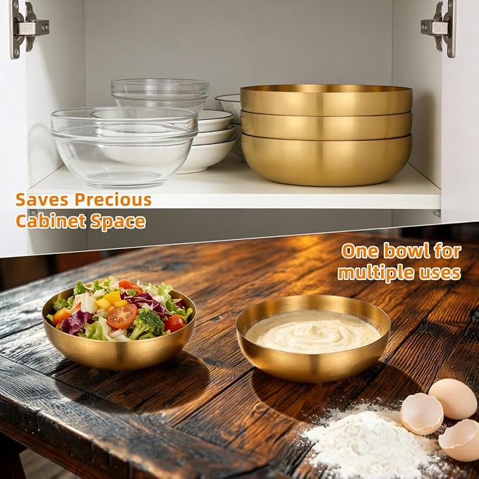 CALLARON 9.4" Stainless Steel Mixing Bowls - 75oz Gold Serving Bowl, Large Metal Decorative Bowl for Salad, Soup, Pasta, Snack, Cooking, Baking, Dishwasher Safe