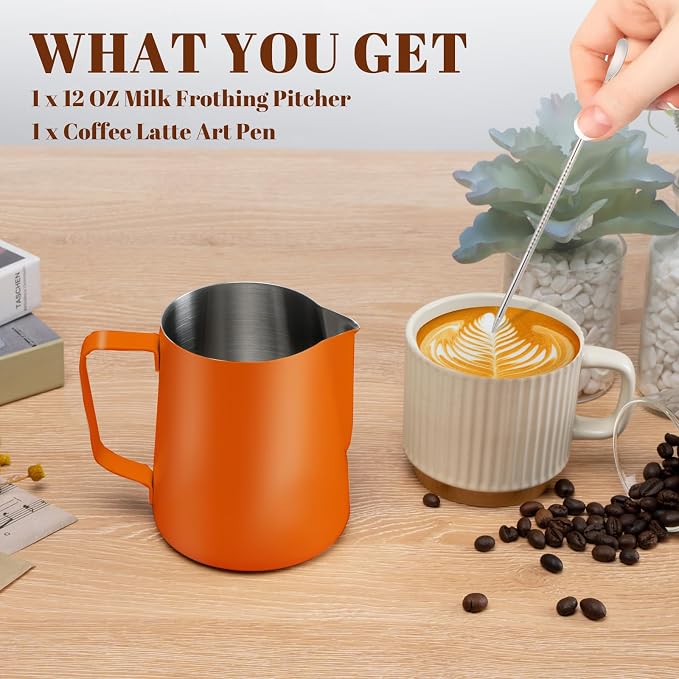 Amrules Milk Frothing Pitcher 12oz Frother Cup Barista Tools, Orange | 18/8 Stainless Steel, 12oz Capacity with Clear Scale, with Decorating Pen, Ergonomic Handle, for Cappuccino, Latte & Espresso