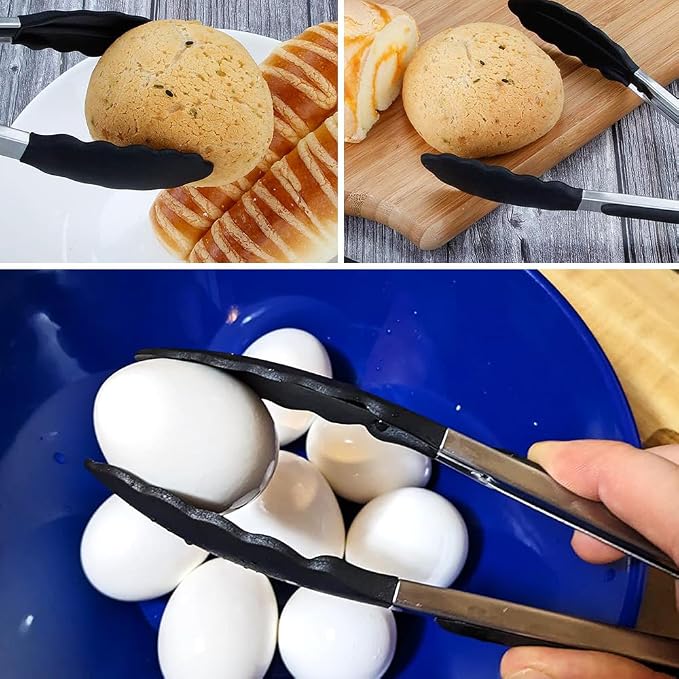 9 Inch Kitchen Tongs with Silicone Tips Set of 3(Black) | Stainless Steel Handle, Non-Scratch, Heat Resistant