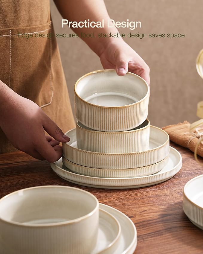 Famiware Star Stoneware Dinnerware Set, Reactive Glaze Plates & Bowls for 4 | 12 pcs Handmade Ribbed Dishes, Chip & Scratch Resistant Ceramic. Microwave & Dishwasher Safe, Modern Luxury, Cappuccino White