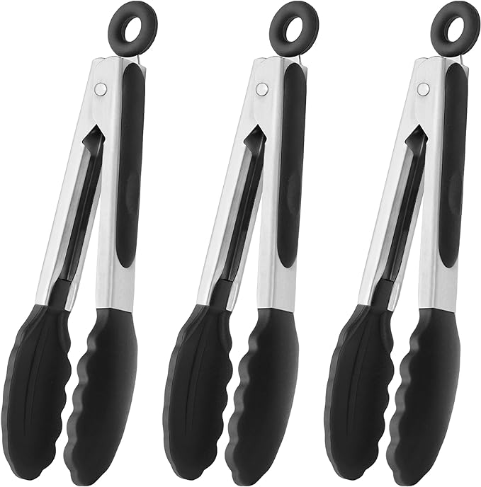 HINMAY Mini Tongs with Silicone Tips 7-Inch Kitchen Tongs, Set of 3 (Black)
