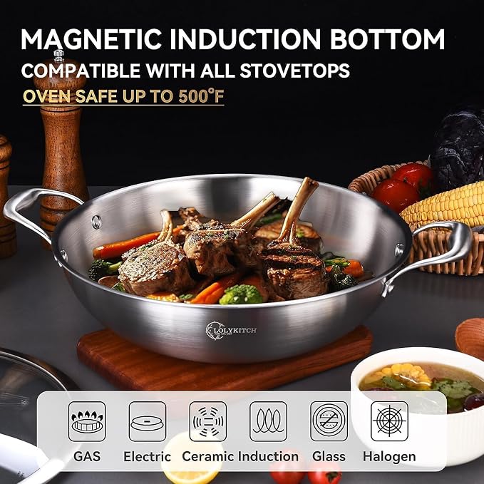 LOLYKITCH 13-Inch Stainless Steel Wok with Lid | 5.5-Quart | Dual Handles | Uncoated Tri-Ply Stir Fry Pan | Everyday Cooking Wok for Induction | Flat Bottom | PFOA-FREE | 4-5 Servings ﻿