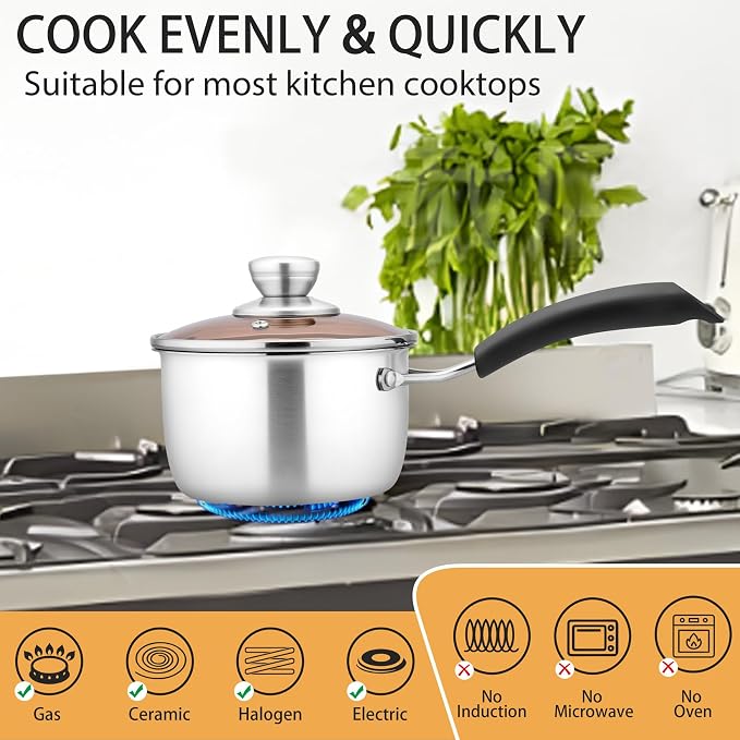 P&P CHEF 1 Quart Sauce Pan With Lid, Small Pot Saucepan for Milk, 1 Pc | Stainless Steel Saucepan, Small Sauce Pot for Cooking, Visible Glass Lid & Bakelite Heat-Proof Handles,Dishwasher Safe