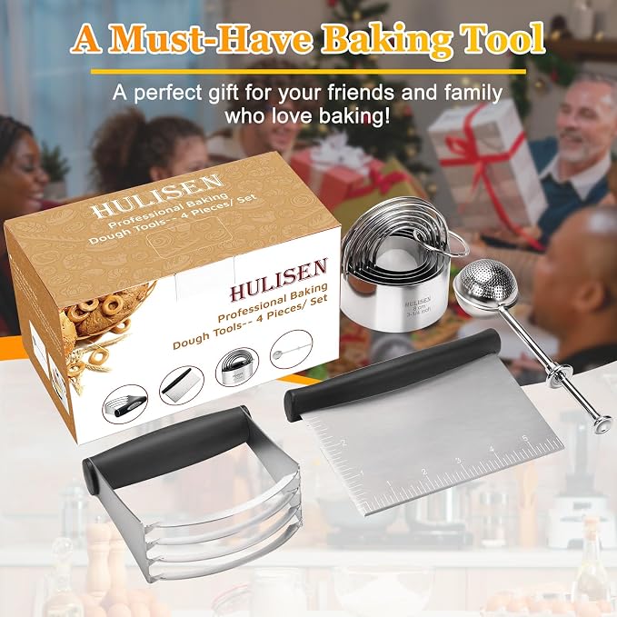 HULISEN 5-Pc Biscuit Cutters, Flour Duster, Pastry Scraper, Dough Blender | Stainless Steel, Dishwasher Safe, Etched inch/cm Markings, Gift Package, Ergonomic Rubber Grip, Professional Baking Tools