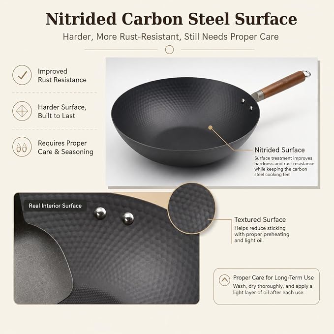 WANGYUANJI Lightweight Carbon Steel Wok Pan with Lid, 12.6" Flat Bottom Stir Fry Wok for Induction, Electric & Gas Stoves, 2.9 lb Wok Body, Pre-Seasoned Nitrided Wok, No Chemical Coating