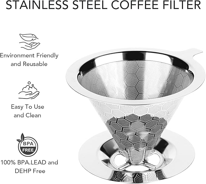 Pour Over Coffee Maker, Single Cup | Reusable Metal Coffee Filter, 304 Stainless Steel