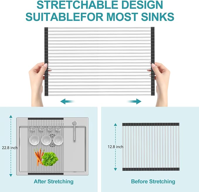 BBXTYLY Extra Large Expandable Roll Up Dish Drying Rack,Over The Sink Drying Rack Sink Cover Kitchen Sink Accessories Kitchen Rolling up Stainless Steel Drainer, Foldable,Rollable（Black，22.8''-17.3''）