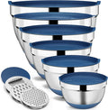 9 Pack Mixing Bowls with Airtight Lids & Grater Attachments, Blue | Stainless Steel Bowl, Non-slip Bases, Nesting Kitchen Bowl, Size 5, 4, 3, 2, 1.5,1QT,for Food Prep, Baking, Storage & Serving