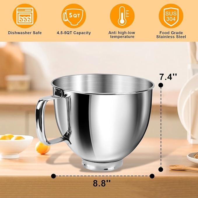 5 Quart Mixing Bowl for KitchenAid Stand Mixers, Food-Grade Stainless Steel Bowl with Handle & Clasp, Compatible with Tilt-Head 4.5–5 Qt Models – Fits K45, K45SS, KSM75, KSM150, KSM95