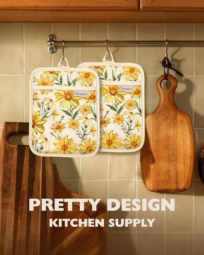 100% Cotton Pot Holders Textured Soft Silicone Cheerful Daisy | Stylish Pot Holders 2pcs, Machine Washable Non-Slip Heat Resistant Hot Pads & Oven Mitts 2-in-1, Practical Kitchen Decor