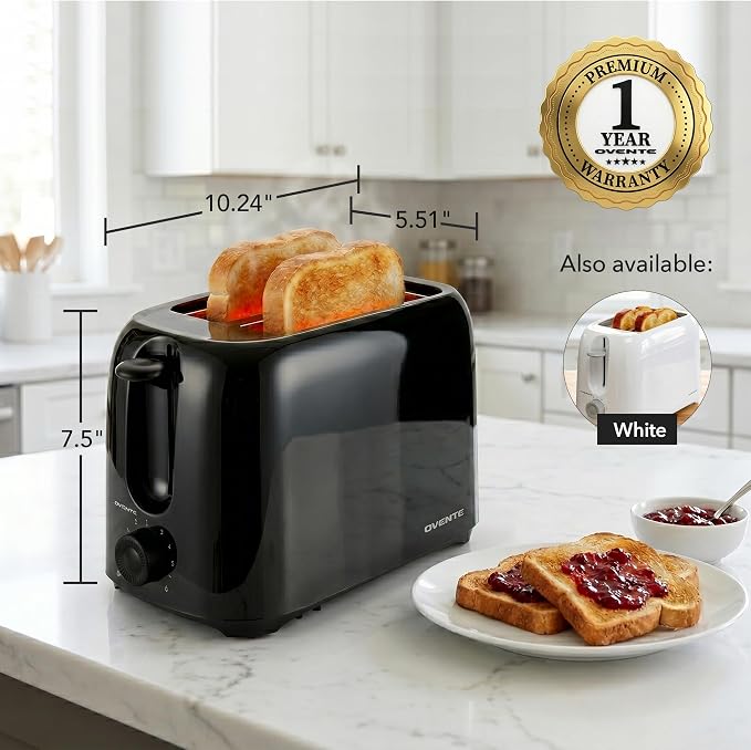 OVENTE Electric 2 Slice Toaster Machine 6-Shade Setting, Black TP2210B | Compact Design and Removable Crumb Tray, 700W Power Perfect for Toasting Bread, Thin Bagels and Waffles