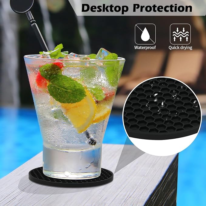 TWTLi 8-Pack Silicone Drink Coasters with Holder, Non-Slip Coaster Set for Coffee Table, Kitchen & Office, Protect Furniture from Water Rings, Heat & Spills, Black
