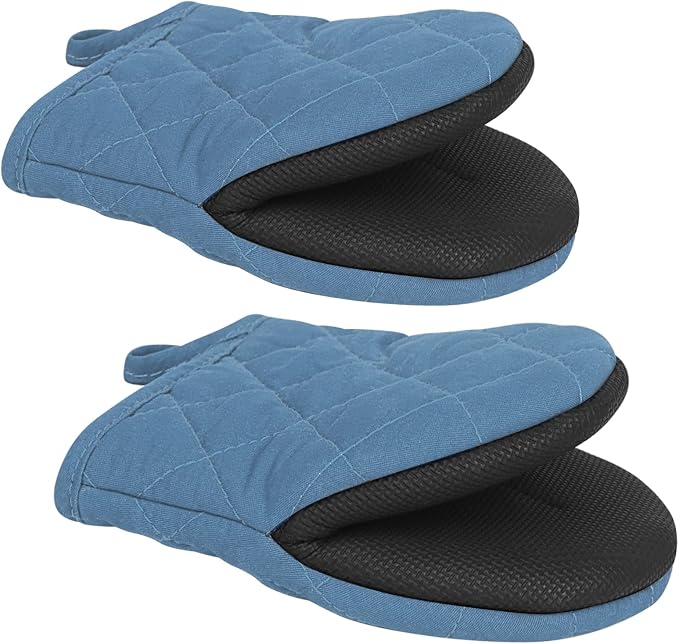 1 Pair Short Oven Mitts - Silicone Kitchen Oven Gloves High Heat Resistant 500℉, Mini Oven Mits with Non-Slip Grip Surfaces and Hanging Loop for BBQ, Baking, Cooking and Grilling (Bule)