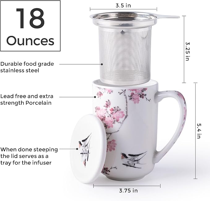 AmorArc Tea Cup With Infuser and Lid, 18oz Loose Leaf Tea Mug With Steeper | Porcelain Tea Mug With Infuser and Lid, Large Strainer Tea Cup with Lid for Tea, Coffee Mug for House-warming Birthday Gift