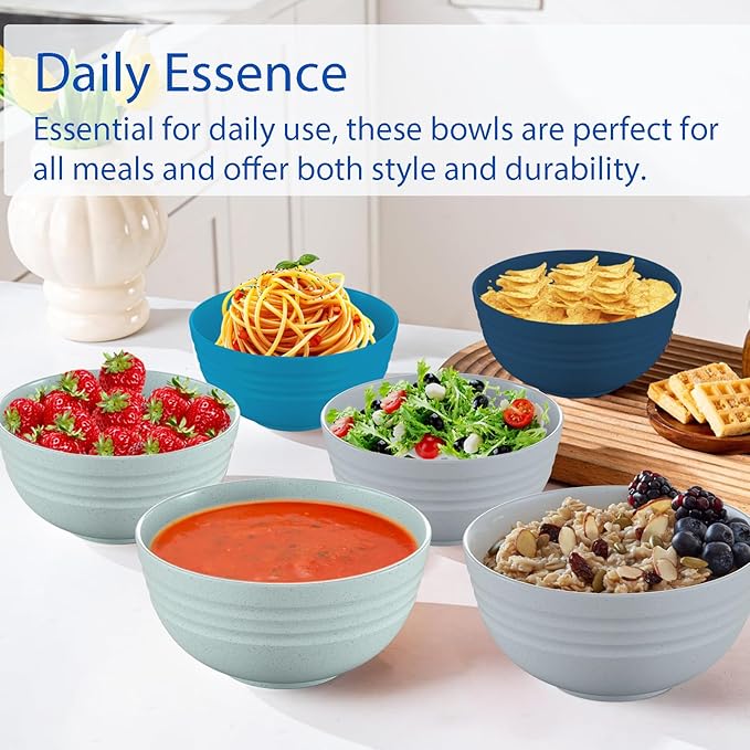 Homestockplus Unbreakable Cereal Bowls 25 OZ Microwave and Dishwasher Safe BPA-Free Eco-Friendly Wheat Straw Bowl Assorted Color Dessert Bowls for Serving Soup, Oatmeal, Pasta and Salad [Set of 6]