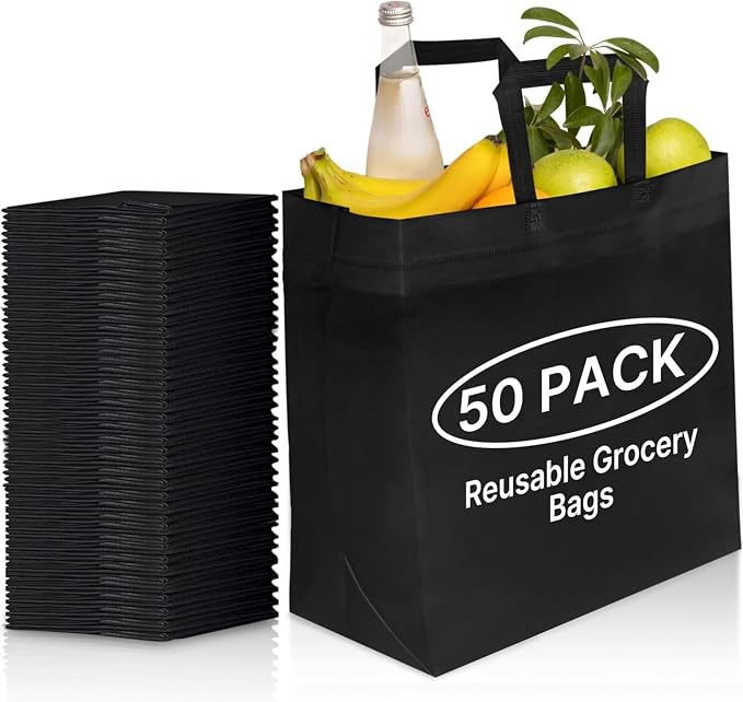 Simply Cool 50 Pack Reusable Grocery Bags, Large Tote Bags Bulk, Black | 14.5"x14"x6.6" Heavy Duty Non-woven Custom Shopping Bags with Handles, Foldable, Washable for Groceries and Commercial use