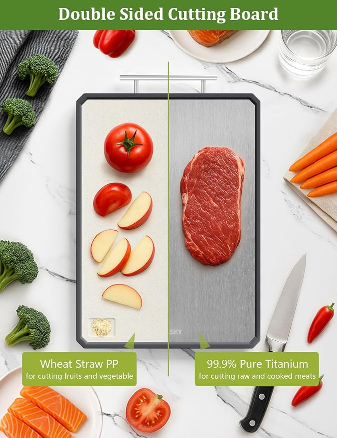 Titanium Cutting Boards for Kitchen, 2 in 1 Non Toxic Cutting Board, Food-Grade Double Sided Pure Titanium & Wheat Straw PP Chopping Board for Meat/Vegetables, Dishwasher Safe Large 16.3”×11-1 PC