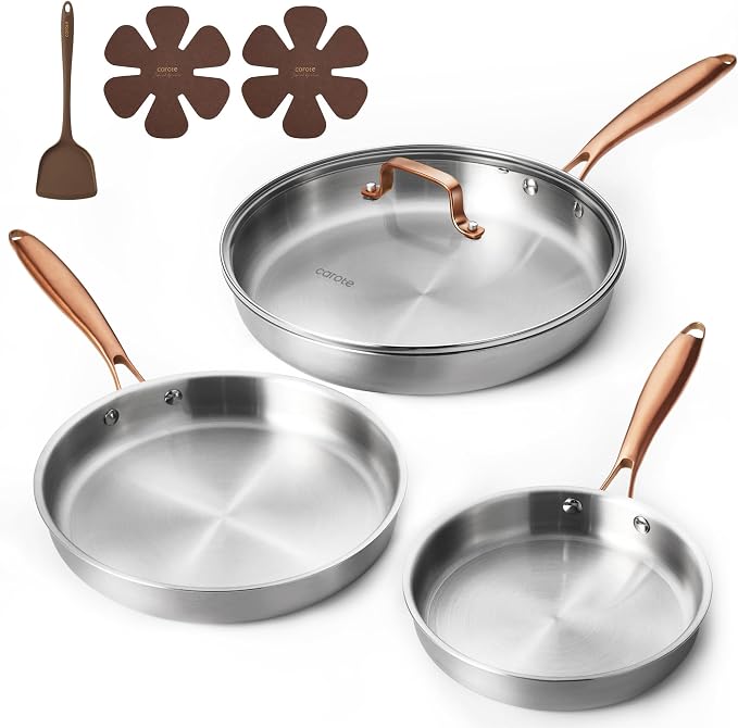 CAROTE 7-Piece Tri-Ply Stainless Steel Frying Pan Set, Skillet Set 8"/10"/12", Induction Compatible, Oven & Dishwasher Safe, Gold Handle