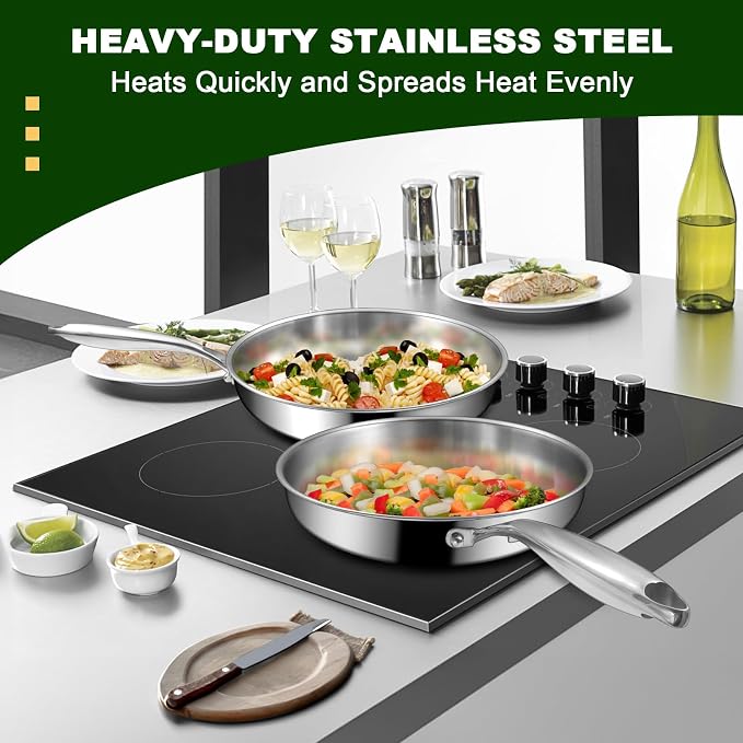 EWFEN 12 Inch Tri-Ply Stainless Steel Frying Pan, Compatible with All Cooktops Up to 600℉, Large Frying Pan with lids, Induction-Ready Skillet, Dishwasher and Oven Safe, Even Heat, 12" Skillet + Lid