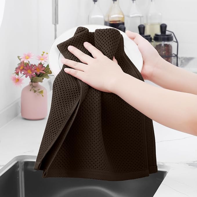 Homaxy 100% Cotton Waffle Weave Kitchen Towels, 3-Pack, Dark Brown | 13 x 28 Inches, Ultra Soft Absorbent Dish Towels, Quick Drying Cleaning Towels