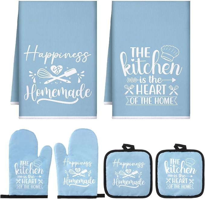 Sratte 6 Pcs Kitchen Decor Accessories Set, Kitchen, Light Blue | Farmhouse Kitchen Towels Pot Holders Oven Mitts Set 2 Dish Towels 2 Potholders 2 Cooking Mittens for Baking Cooking Supply