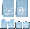 Sratte 6 Pcs Kitchen Decor Accessories Set, Kitchen, Light Blue | Farmhouse Kitchen Towels Pot Holders Oven Mitts Set 2 Dish Towels 2 Potholders 2 Cooking Mittens for Baking Cooking Supply