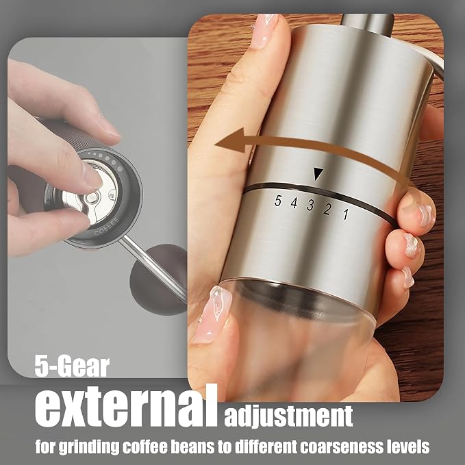 EZLucky Manual Coffee Grinder, 5 External Settings, Ceramic Conical Burr | External adjustment ring for quick grind changes; portable hand grinder for espresso, pour over, travel and camping