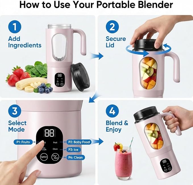 Lilogi 580ML Portable Blender with LED Display, 12-Blade USB-C Rechargeable Travel Blender with Handle & Extra Lid, Ideal for Kitchen, Office, Gym & Outdoor Sports
