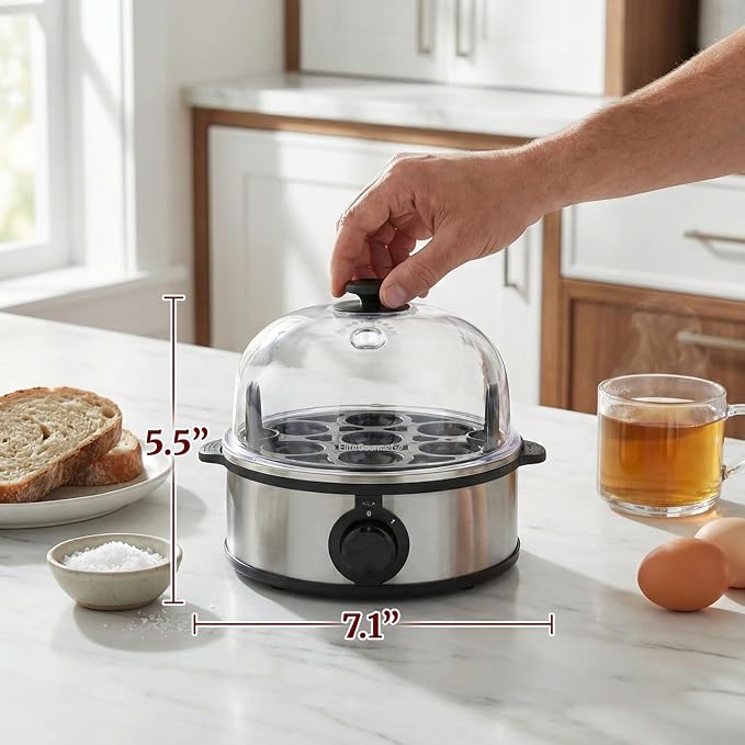 Elite Gourmet EGC648 Egg Boiler Cooker, 7-Egg Poacher/Omelet Maker, Steel | Cooks soft, medium, or hard-boiled eggs, also scrambles - auto shut-off with buzzer - measuring cup included - BPA-free