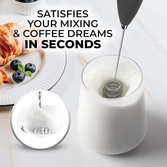 Zulay Kitchen Powerful Milk Frother Wand With Duracell Batteries - Ultra Fast Handheld Drink Mixer - Electric Whisk Foam Maker for Coffee, Lattes, Cappuccino & Matcha - Triple Whisk - Onyx Slate