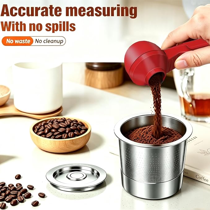 2-in-1 Coffee Scoop with Funnel, 2 Tbsp Measuring Spoon for Reusable K Cups, Ground Coffee, Protein Powder & Tea, Mess-Free Plastic Design（Red-2pack）
