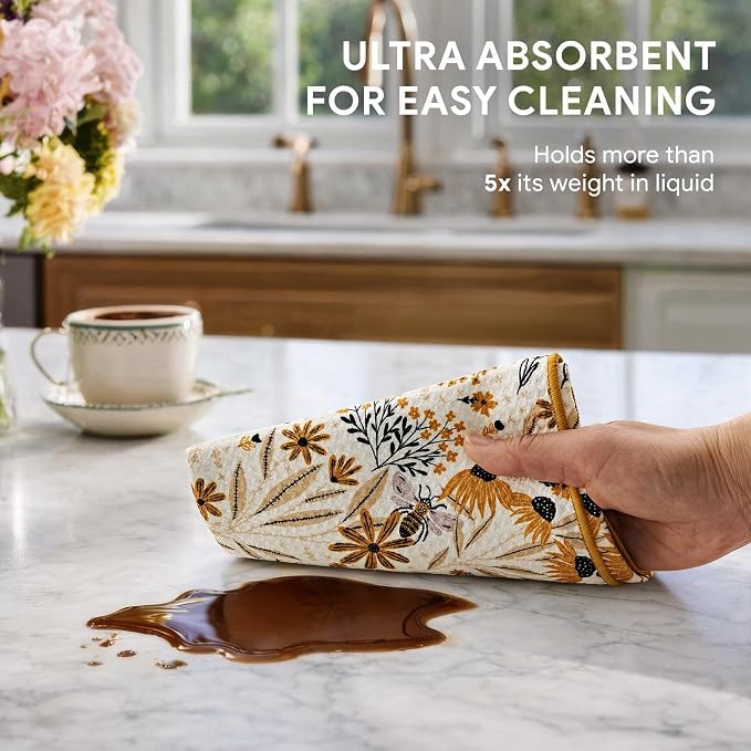 RECYCO Waffle Kitchen Towel Set of 2 - Quick Dry Microfiber Sustainable Dish Towels - Ultra Absorbent Reusable Cleaning Tea Towels - Lightweight Hand Towels,16”x 28”, Joyful Bees