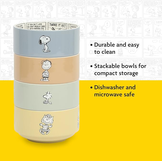 Peanuts Snoopy Bonbon Bites 4-Piece 5.5-Inch Decorated Stoneware Ceramic Stackable Bowl Set, Microwave & Dishwasher Safe Snack and Dessert Bowls