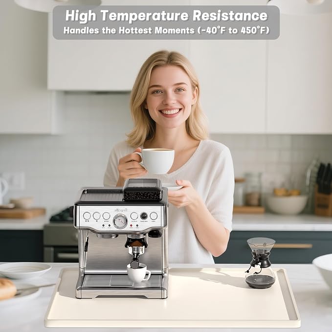 Rnivvi Silicone Coffee Mat, 16" x 24" Waterproof Raised Edge Coffee Bar Mats for Espresso Machine Station Accessories, Heat Resistant Dish Drying Pad for Kitchen Counter, Rubber Bar Decor Pad, Beige
