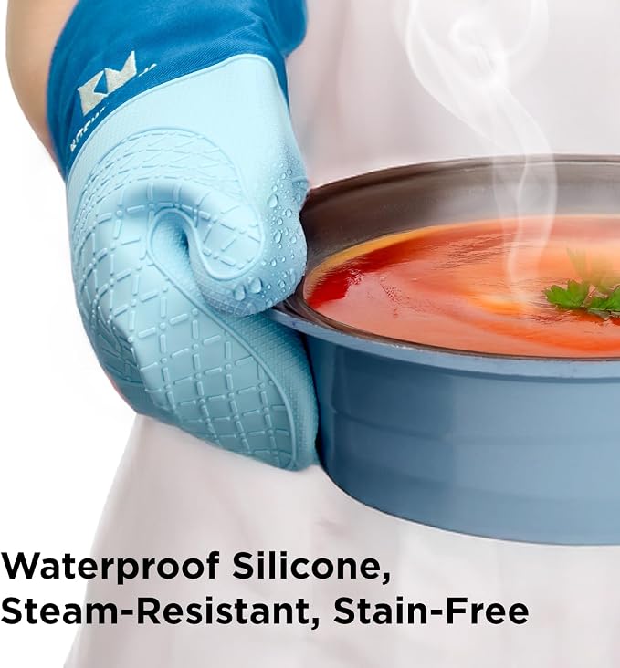 Kitchen Mama UltraShield Silicone Oven Mitts, Blue | Heat Resistant, Non-Slip Surface, Waterproof, Flexible, Durable