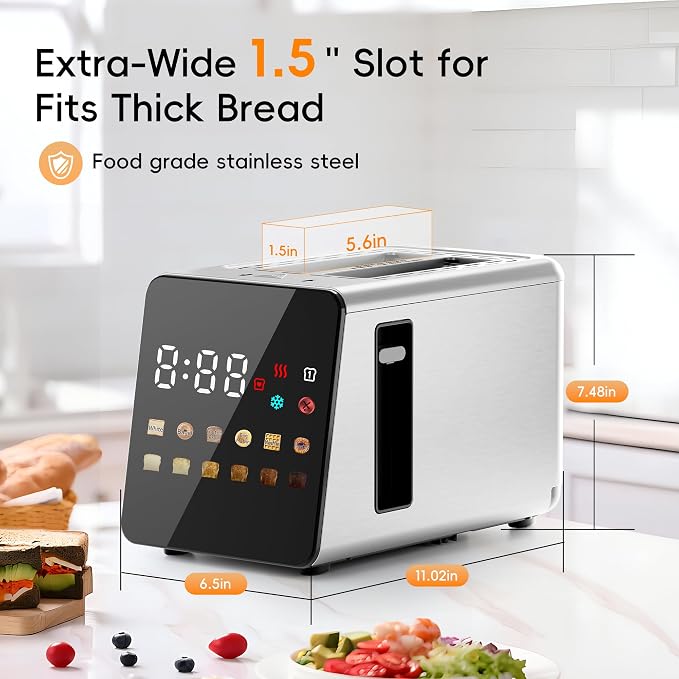 WUNLY Smart Touchscreen 2 Slice Toaster, Wide Slot, Memory & Single-Slot | Digital Timer, Extra Wide Slot for Bagels, 6 Shade Levels & 6 Bread Settings, Reheat, Defrost, Favorite, Platinum