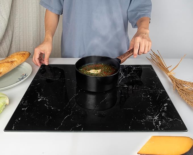 Glass Cutting Board 20”x16”: Tempered Glass Kitchen Counter Protector - Durable- Scratch-Resistant, Heat-Proof - Design 1 - Black Marble Effect