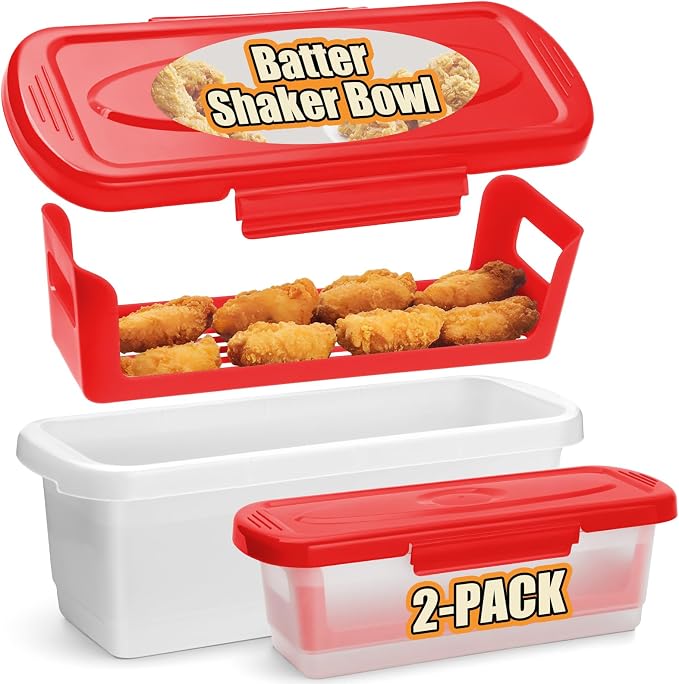 Batter Bowl with Lid, 2-Pack Fish Batter Shaker, Better Breader Shaker Bowl with Breading Shaker Tray, Batter Bowl with Lids Shaker for Frying Chicken Wings Fish Onion Rings Veggies