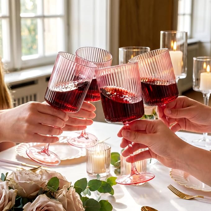 Ciaell 12 Pack Pink Plastic Wine Glasses for Weddings Outdoor Gatherings | 10 oz Pink Ribbed Square Stemmed Cups, Heavy Duty Plastic, Champagne Wine Cocktails Beverages for Parties Birthdays Dinners