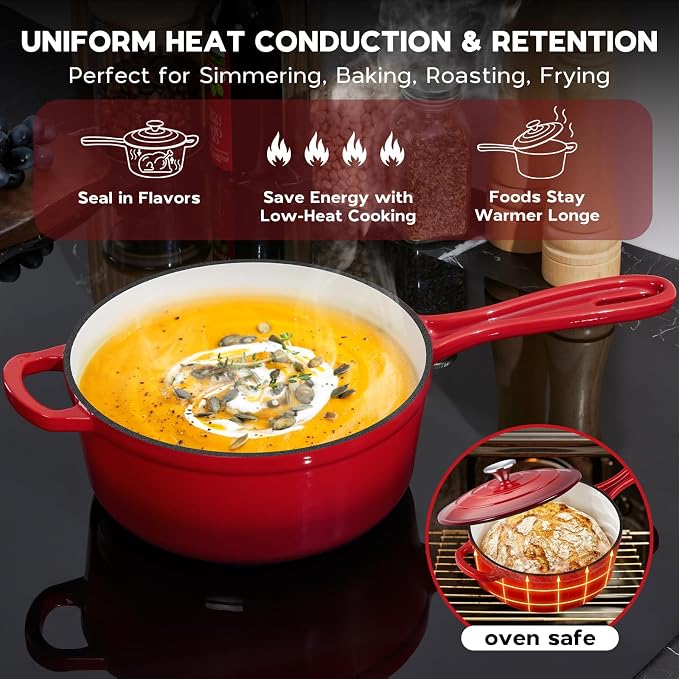Onader Cast Iron Sauce Pan Pot, 3QT Small Saucepan with Lid, Enameled Cast Iron Dutch Oven Cooking Kitchen Pot, Nonstick & Heavy Duty – Red