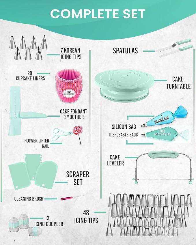 RFAQK 200PCs Cake Decorating Kit with Cake Turntable & Leveler, Baking Supplies Gift Includes 110+1 Piping Bags,55 Icing Tips,2 Frosting Spatulas, Adjustable Scraper, Video Tutorial, Booklet & more