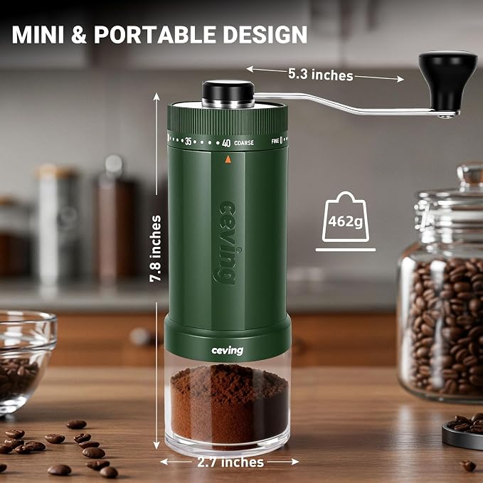 CEVING World's First 60g Large Capacity Manual Coffee Grinder, Green | 40 External Settings, Portable Hand Coffee Bean Mill with Ceramic Conical Burr for Travel, Camping, Drip, Pour Over & Gift