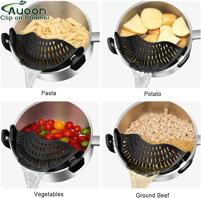 AUOON Pot Strainer Clip on Silicone, Large 10.45 x 4.33 in, Black | Fits Pots Pans Bowls, Dishwasher Safe, for Pasta Noodles Vegetable Fruits, Space-saving Kitchen Gadget