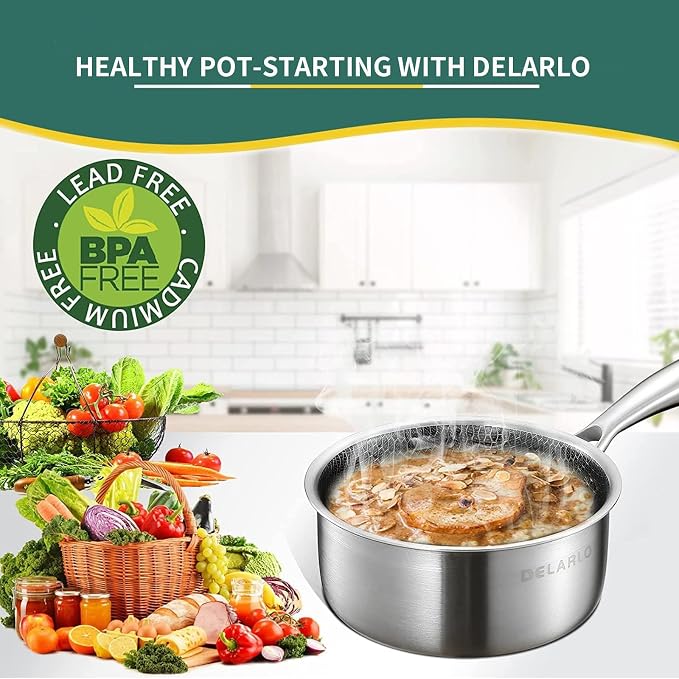 DELARLO Tri-Ply Stainless Steel Hybrid Non Stick Saucepan 2.5 Quart | Small Sauce Pot, Induction Cooking Saucier, Honeycomb Heavy Duty Sauce Pan Cookware, PFOA&PTFE Free