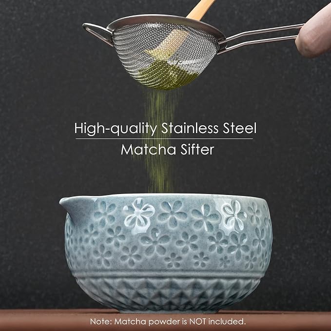 7Pcs Matcha Whisk Set, Matcha Set Whisk and Bowl,Bamboo Scoop, Scoop Rest, Sifter and Tea Towel, Matcha Kit W/Carved Cherry Blossm Pattern for Matcha Lovers (Sakura Blue)